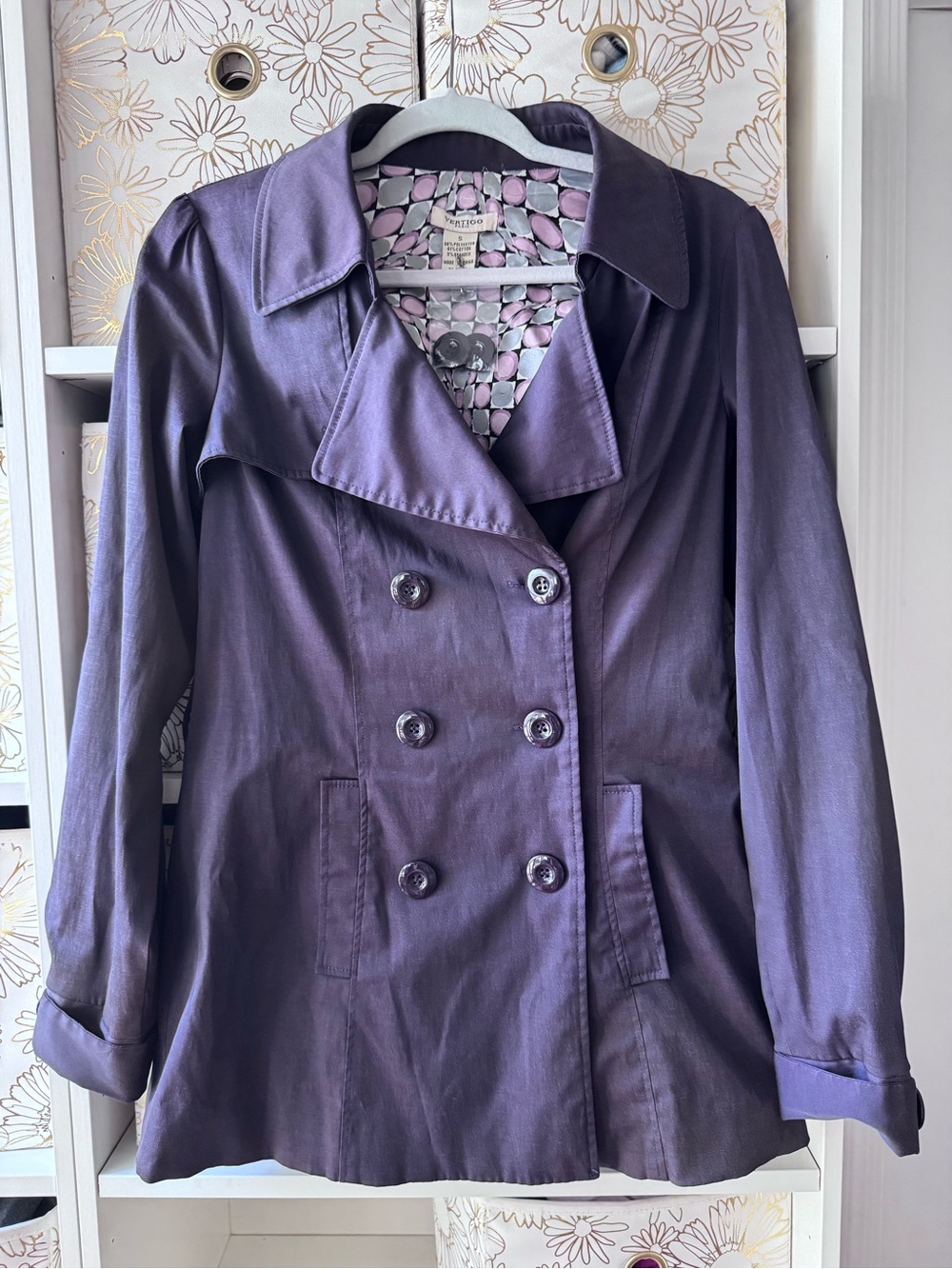 Vertigo Paris Plum Purple Trench Overcoat Jacket Geometric Lining Belted
